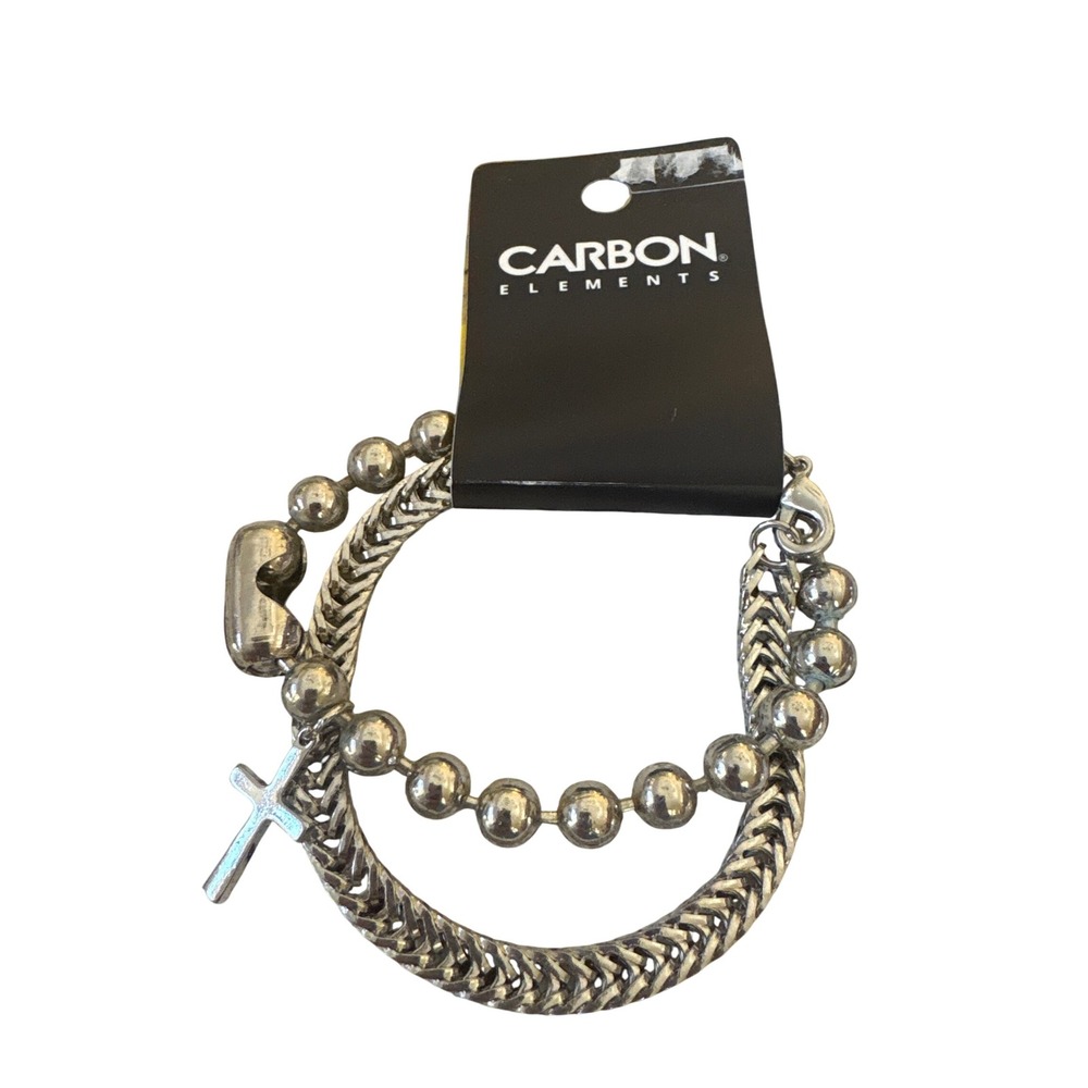 Carbon Elements Mens Silver Tone‎ Cross & Beads Accent Bracelet Set New